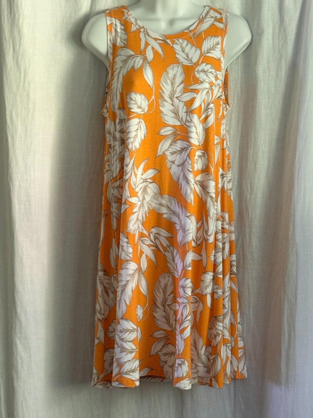 LOFT Orange & White Scoop-neck Sleeveless Dress with Leaves. Size S